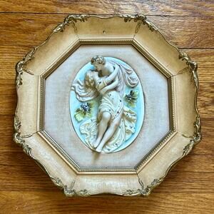 Vintage Andrew Kolb & Son Porcelain Romance Relief Art Octagon Frame Pink Velvet